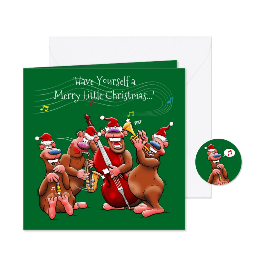 Grappige kerstkaart met 4 leuke beren en muziekinstrumenten - Kaartimpressie