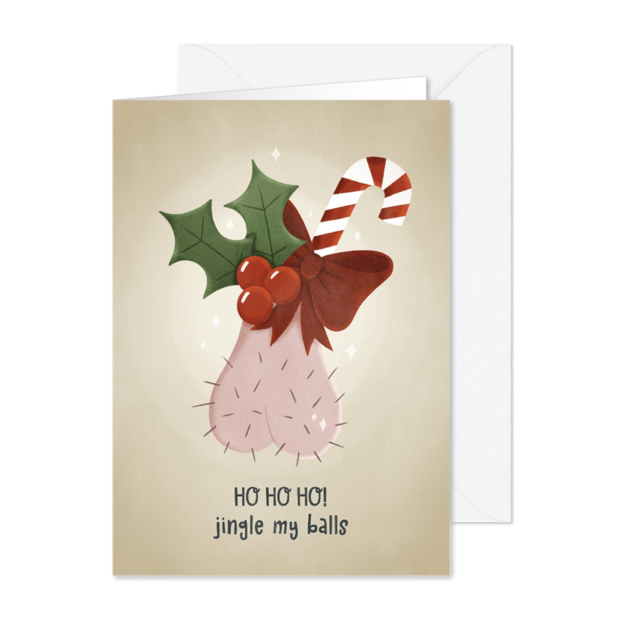 Grappige kerstkaart met ballen kersthulst zuurstok & strik - Kaartimpressie