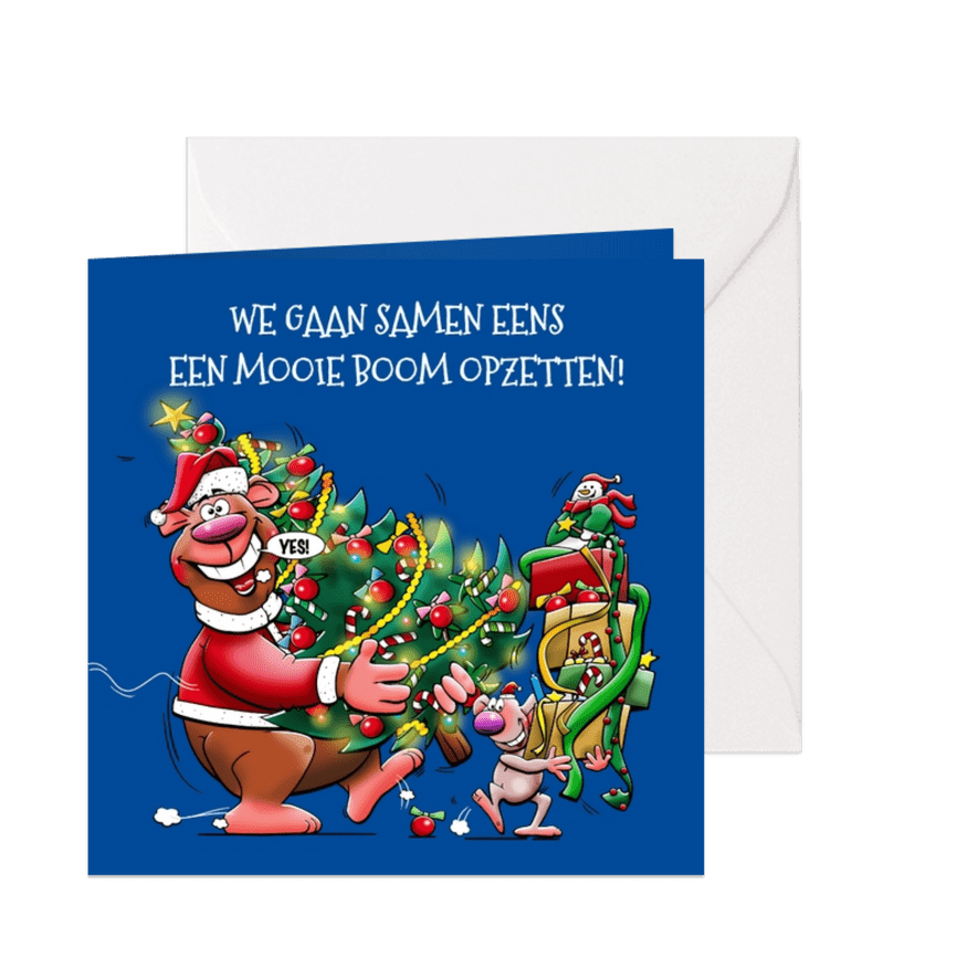 Grappige kerstkaart met beer en muisje versierde boom - Kaartimpressie