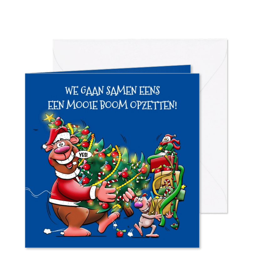 Grappige kerstkaart met beer en muisje versierde boom - Kaartimpressie