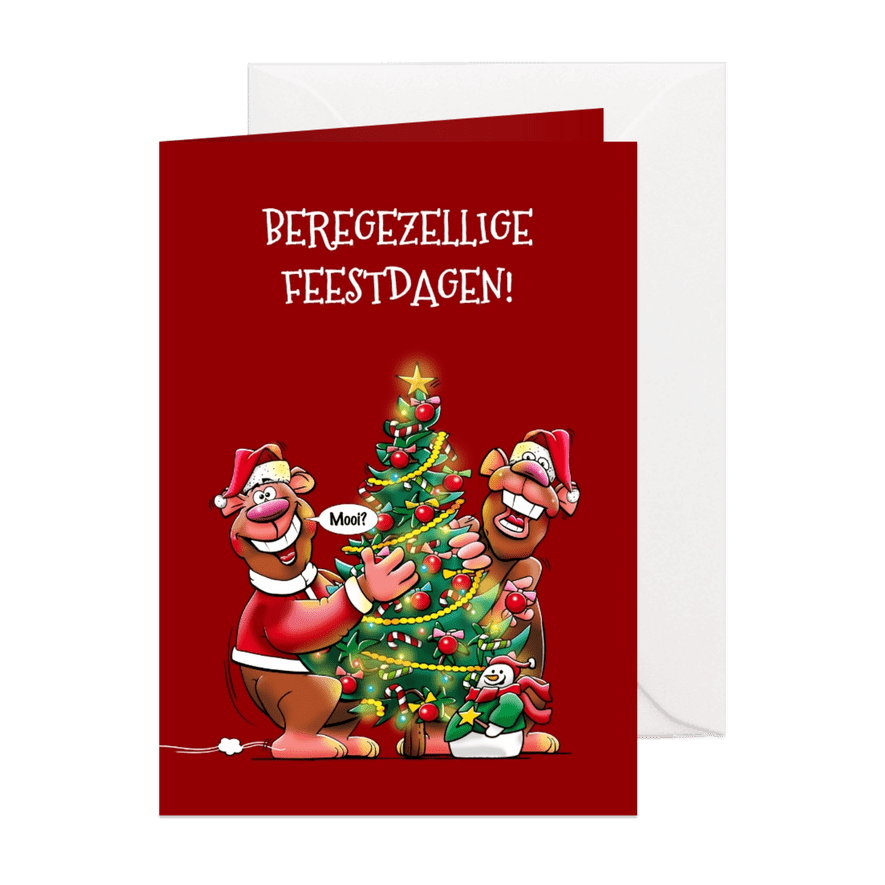 Grappige kerstkaart met beren met mooie kerstboom - Kaartimpressie