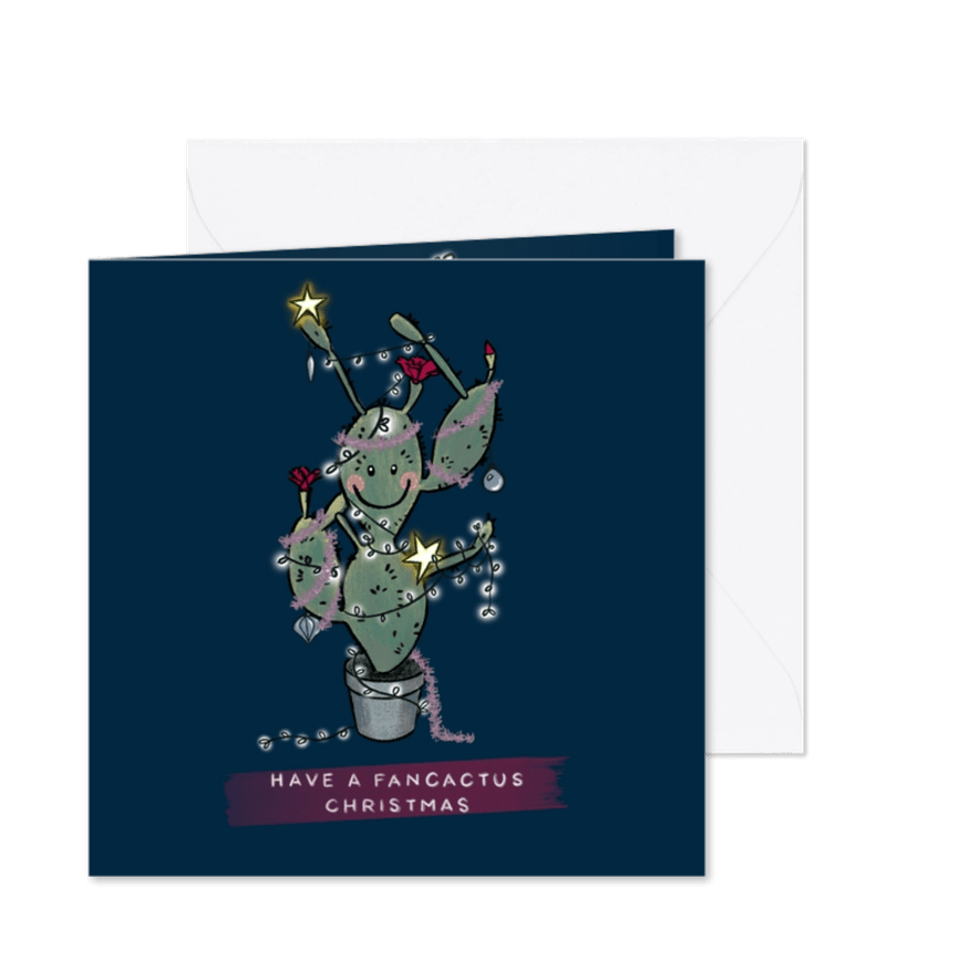 Grappige kerstkaart met cactus vol kerstlichtjes - Kaartimpressie