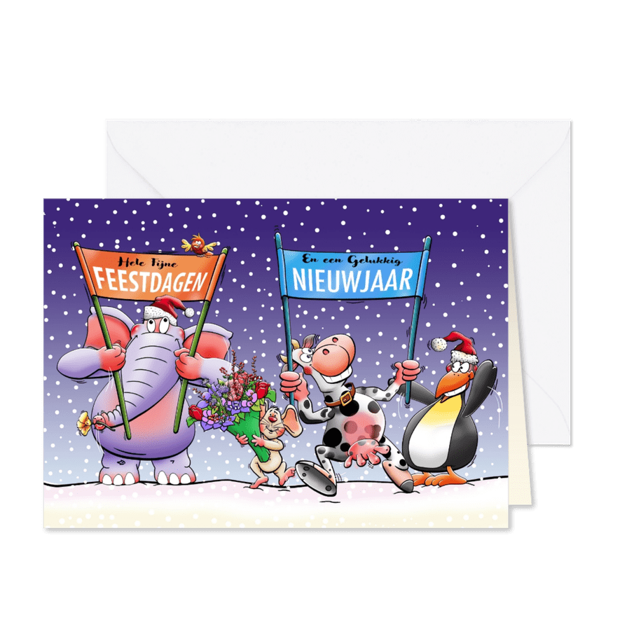 Grappige kerstkaart met diverse dieren in 2027 - Kaartimpressie