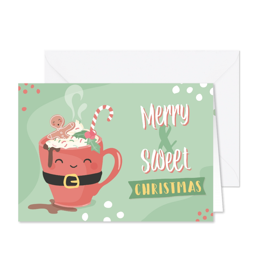 Grappige kerstkaart met een kerstmok en kerstkoekje - Kaartimpressie