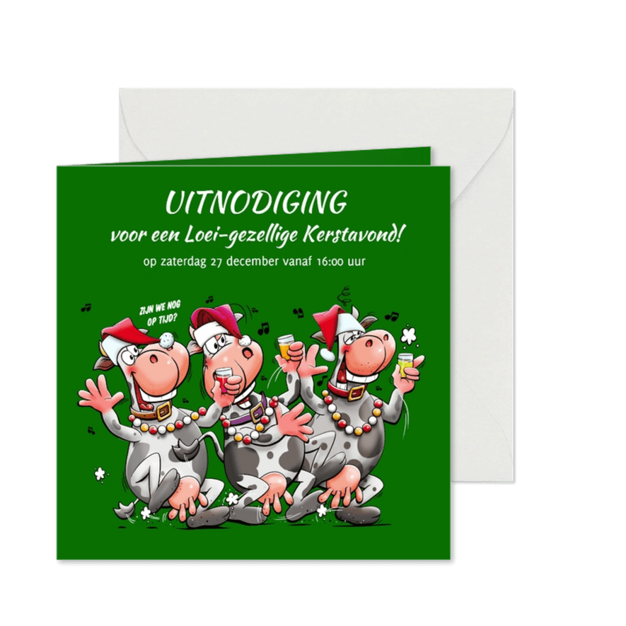 Grappige kerstkaart met feestende koeien met een drankje - Kaartimpressie