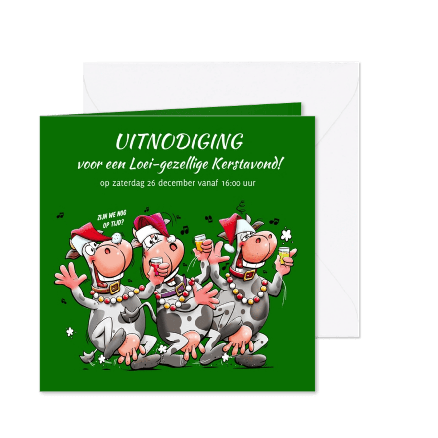 Grappige kerstkaart met feestende koeien met een drankje - Kaartimpressie