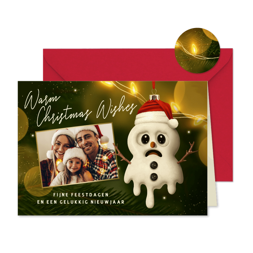 Grappige kerstkaart met foto en sneeuwpop - Kaartimpressie