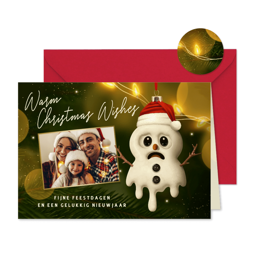 Grappige kerstkaart met foto en sneeuwpop - Kaartimpressie