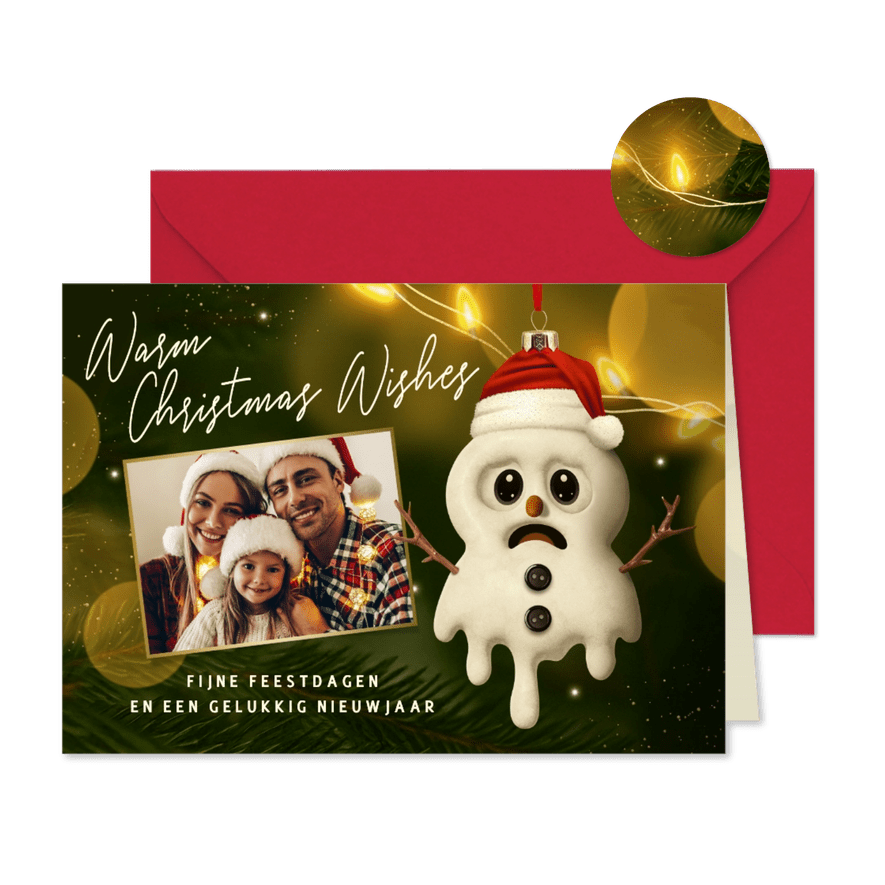 Grappige kerstkaart met foto en sneeuwpop - Kaartimpressie