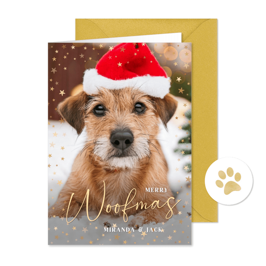 Grappige kerstkaart met foto van je eigen hond 'woofmas' - Kaartimpressie