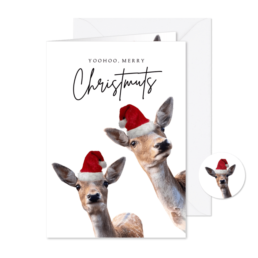 Grappige kerstkaart met foto's van hertjes met kerstmuts op - Kaartimpressie