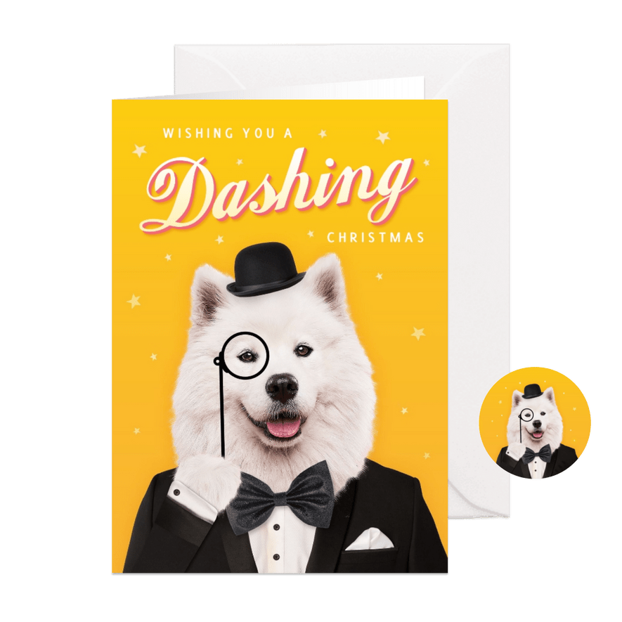 Grappige kerstkaart met hond in smoking - Dashing christmas! - Kaartimpressie