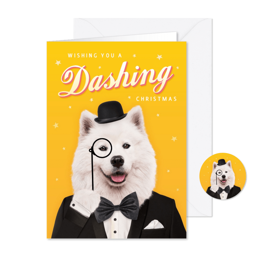 Grappige kerstkaart met hond in smoking - Dashing christmas! - Kaartimpressie