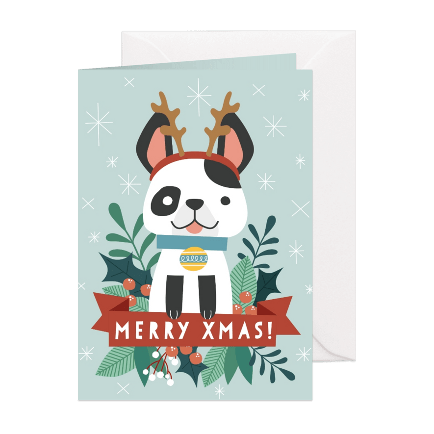 Grappige kerstkaart met illustratie van hondje en takjes - Kaartimpressie