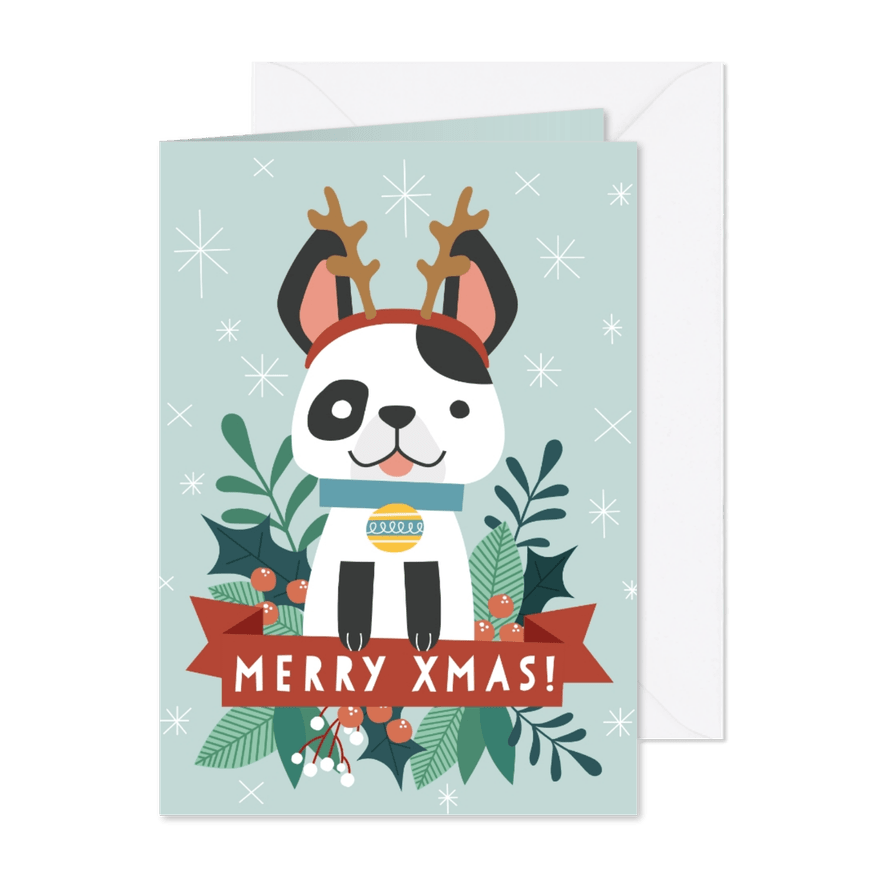 Grappige kerstkaart met illustratie van hondje en takjes - Kaartimpressie