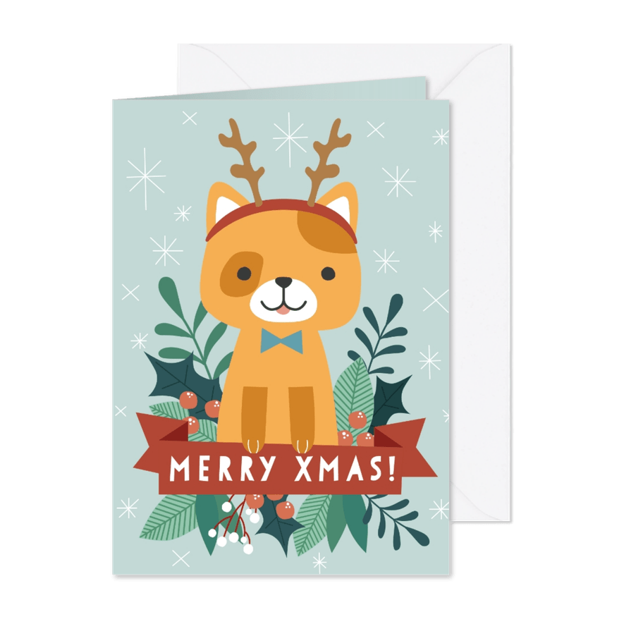 Grappige kerstkaart met illustratie van kat en takjes - Kaartimpressie