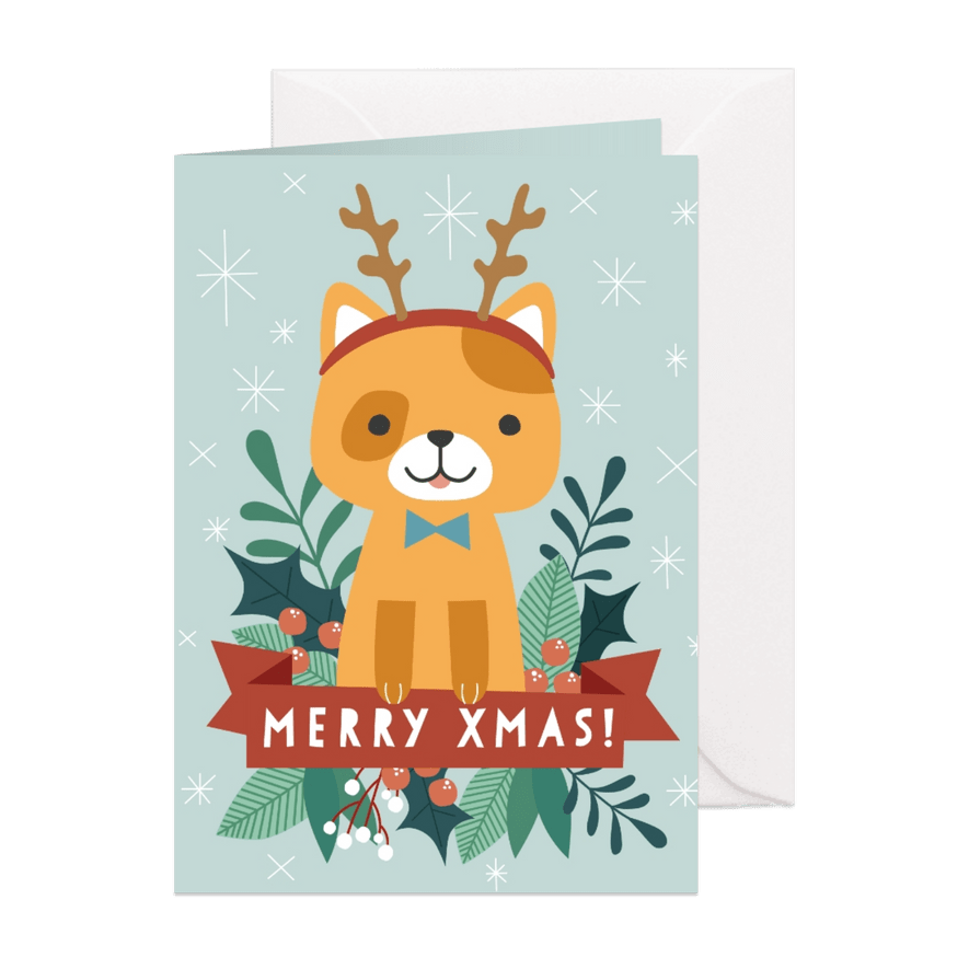 Grappige kerstkaart met illustratie van kat en takjes - Kaartimpressie