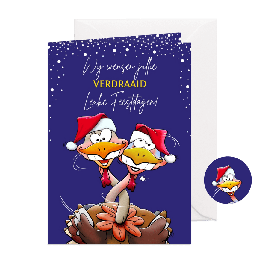 Grappige kerstkaart met kalkoenen die een leuke kerst vieren - Kaartimpressie