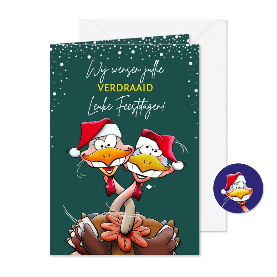 Grappige kerstkaart met kalkoenen die een leuke kerst vieren - Kaartimpressie