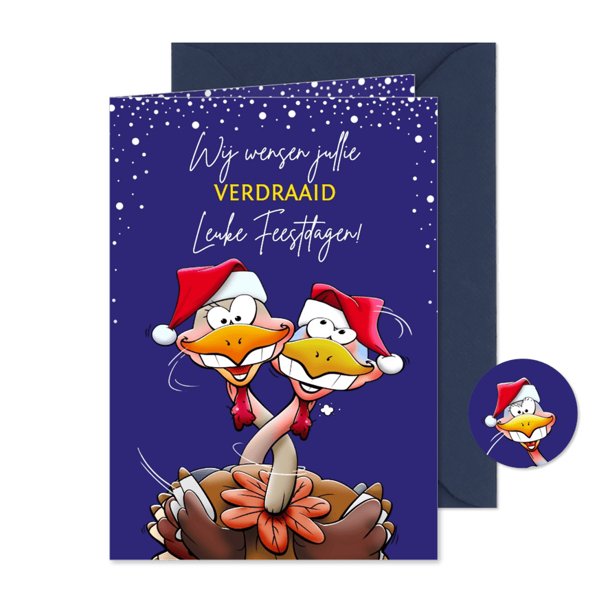 Grappige kerstkaart met kalkoenen die een leuke kerst vieren - Kaartimpressie