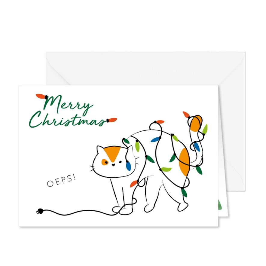 Grappige kerstkaart met kat in kerstlichtjes oeps - Kaartimpressie