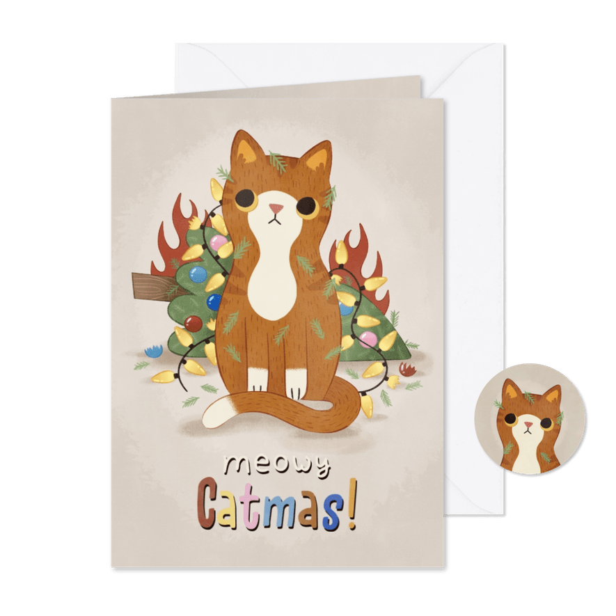 Grappige kerstkaart met kat kerstboom lampjes Meowy Catmas - Kaartimpressie