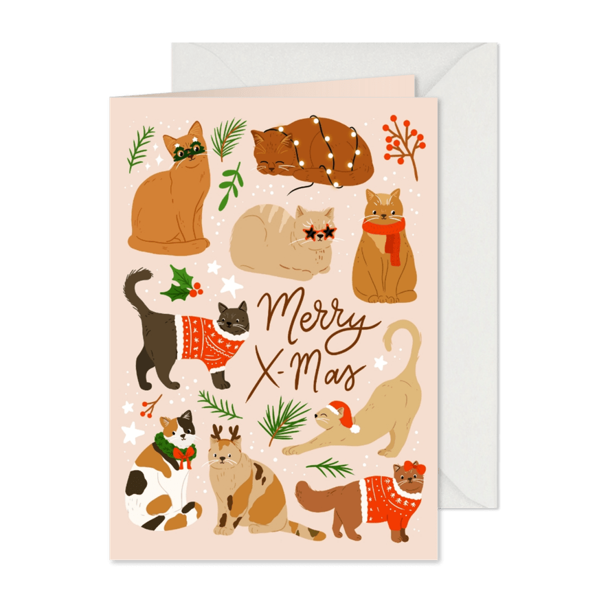 Grappige kerstkaart met katten illustratie - Kaartimpressie