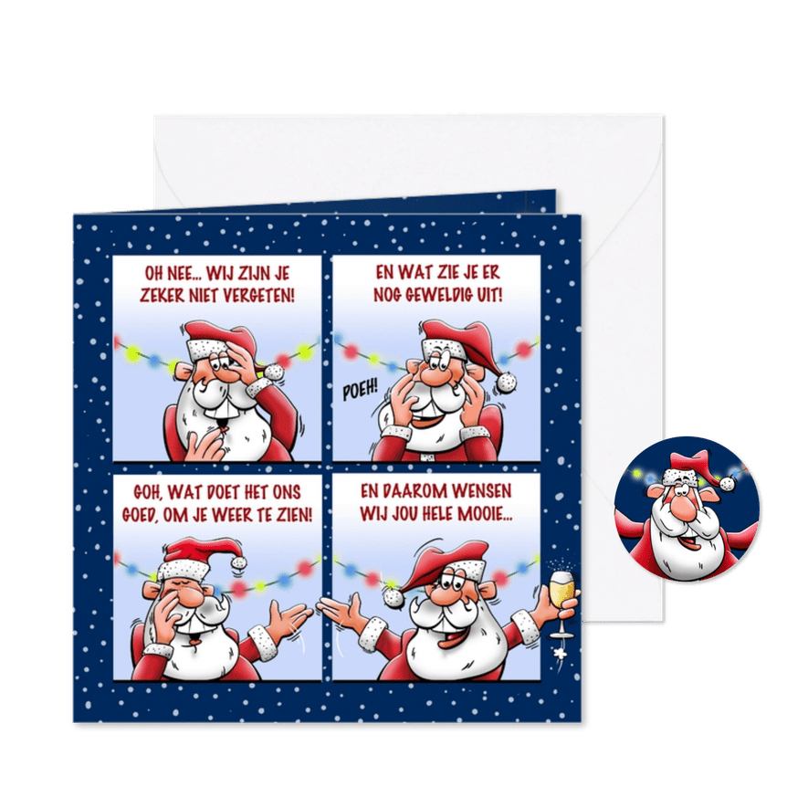 Grappige kerstkaart met kerstman die fijne feestdagen wenst - Kaartimpressie