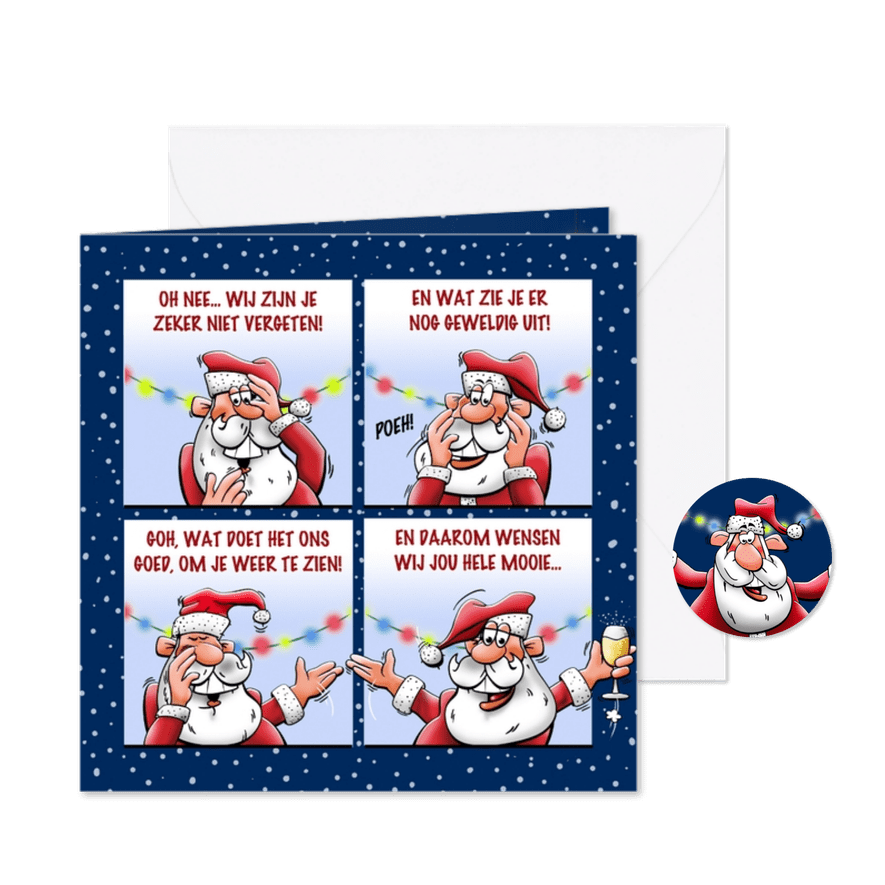 Grappige kerstkaart met kerstman die fijne feestdagen wenst - Kaartimpressie