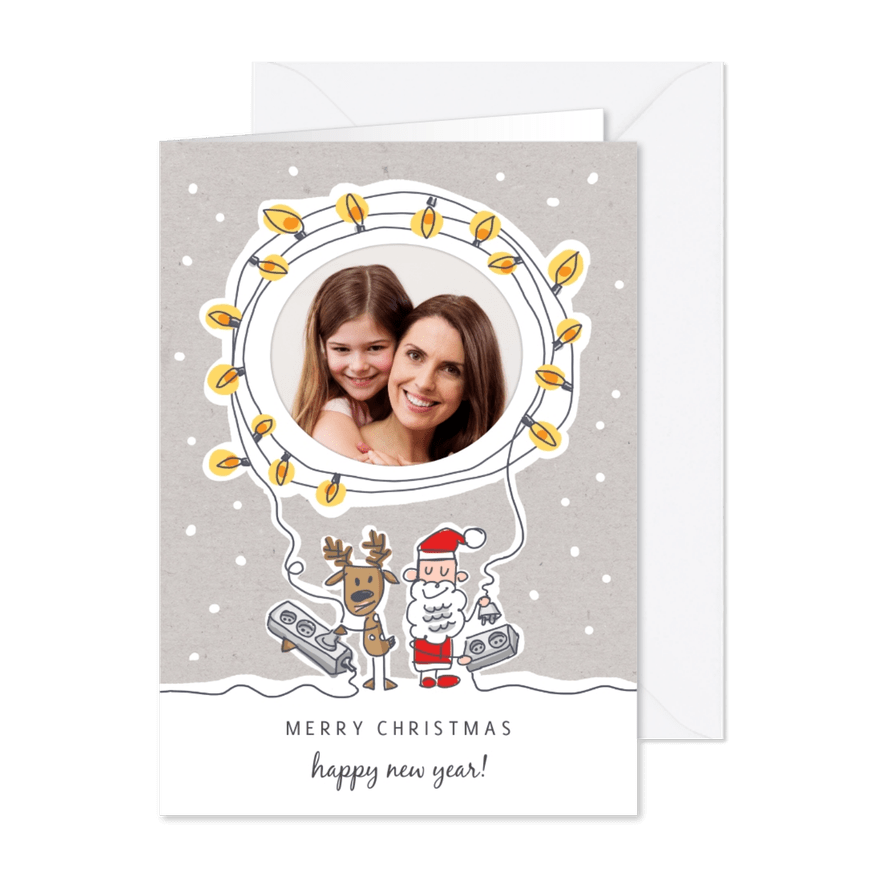 Grappige kerstkaart met kerstman en rendier en kerstlichtjes - Kaartimpressie