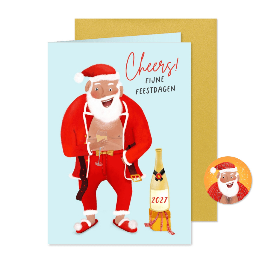 Grappige kerstkaart met kerstman met champagne - Kaartimpressie