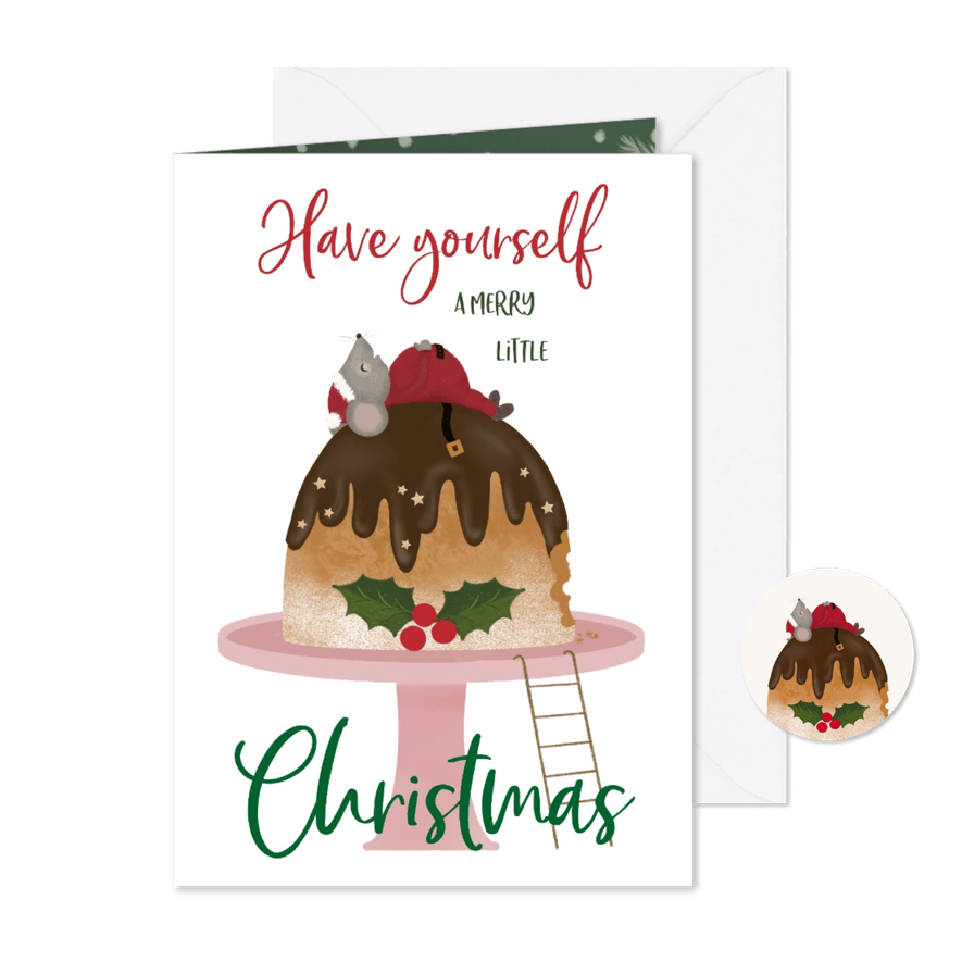 Grappige kerstkaart met muis die van de taart heeft gesnoept - Kaartimpressie