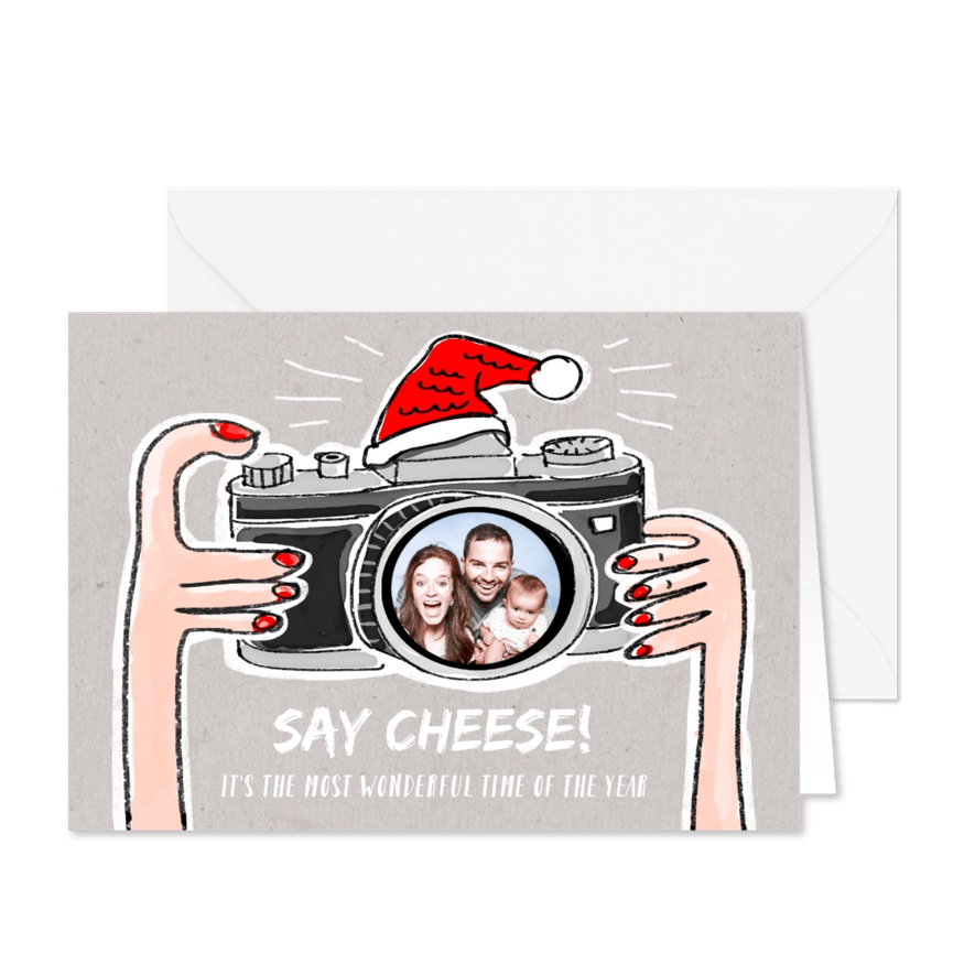 Grappige kerstkaart met photo camera met kerstmuts - Kaartimpressie