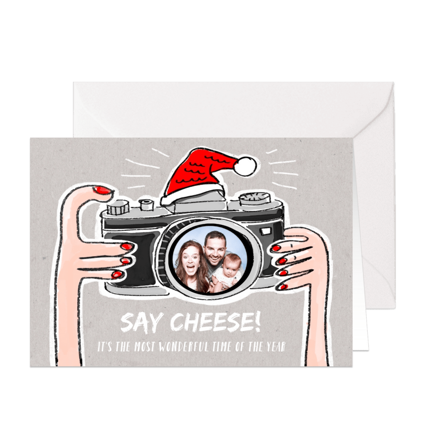 Grappige kerstkaart met photo camera met kerstmuts - Kaartimpressie