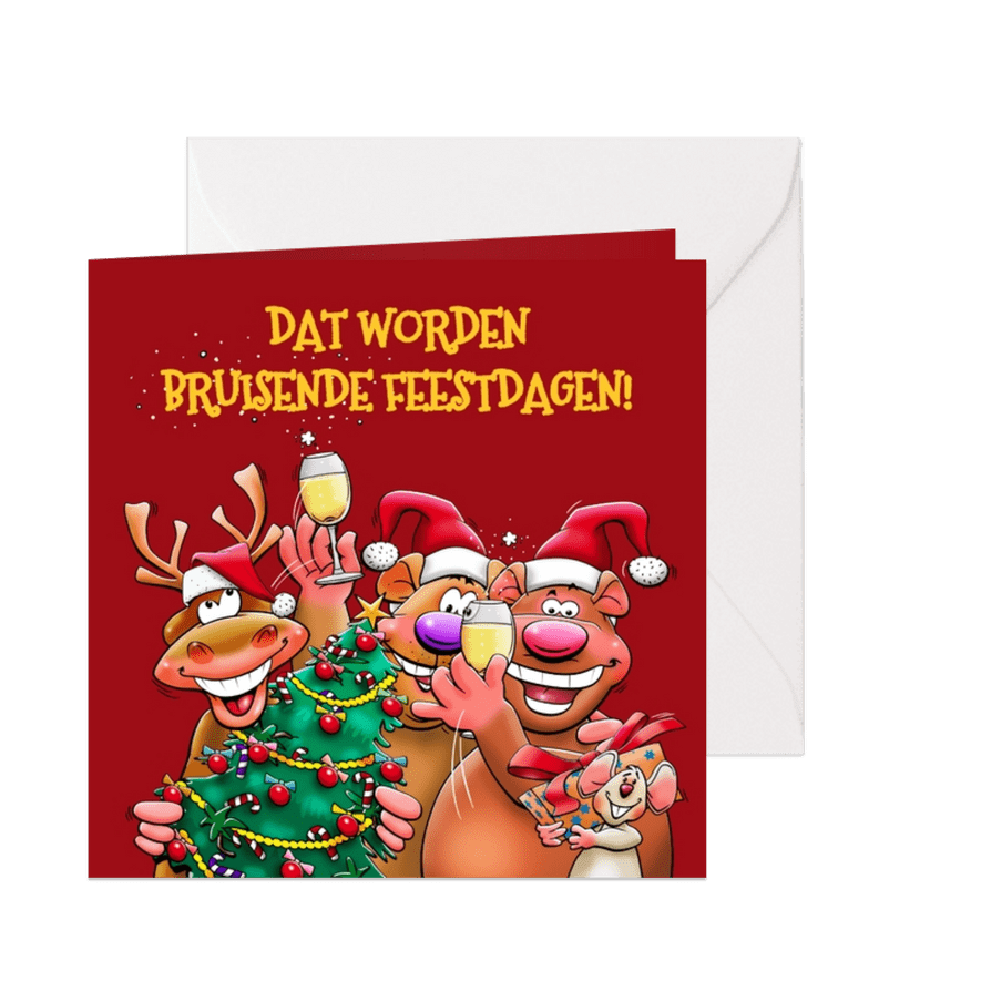 Grappige kerstkaart met rendier en beren voor een muisje - Kaartimpressie