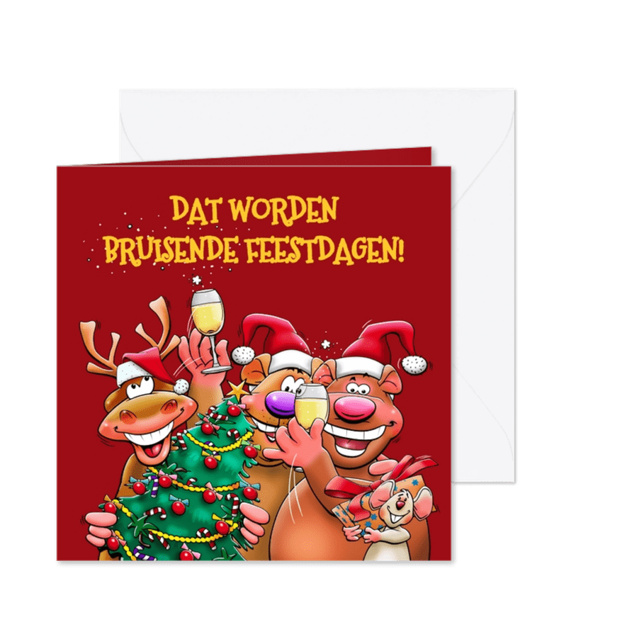 Grappige kerstkaart met rendier en beren voor een muisje - Kaartimpressie