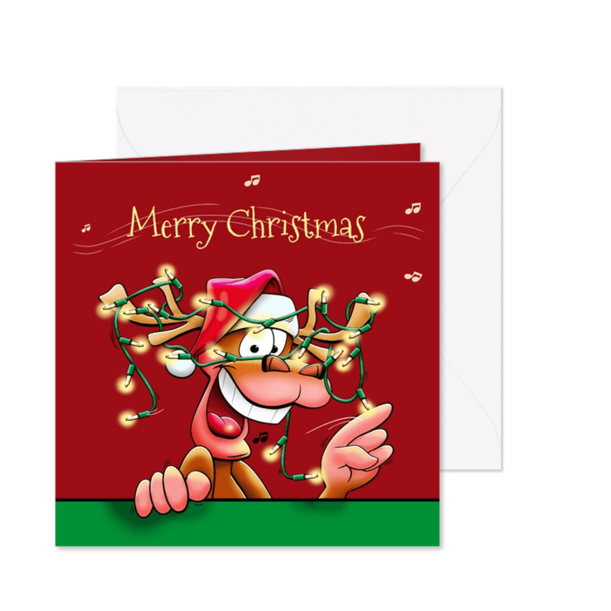 Grappige kerstkaart met rendieren en kerstverlichting - Kaartimpressie
