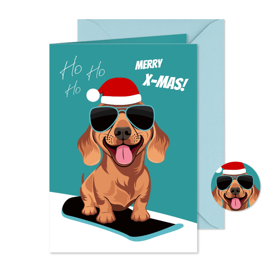 Grappige kerstkaart met stoere teckel op snowboard - Kaartimpressie