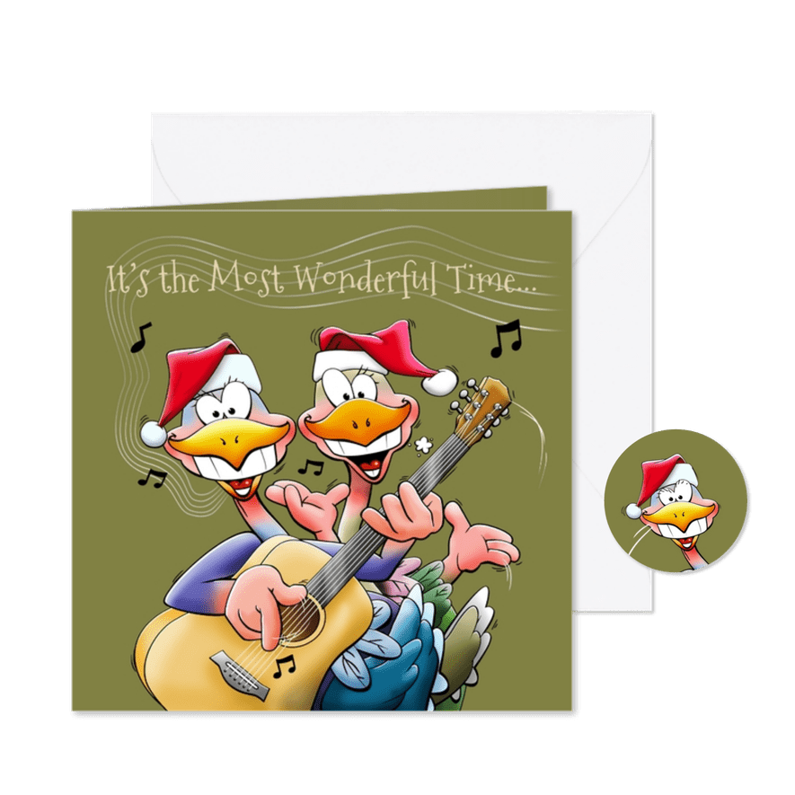 Grappige kerstkaart met twee vogels die gitaar spelen - Kaartimpressie