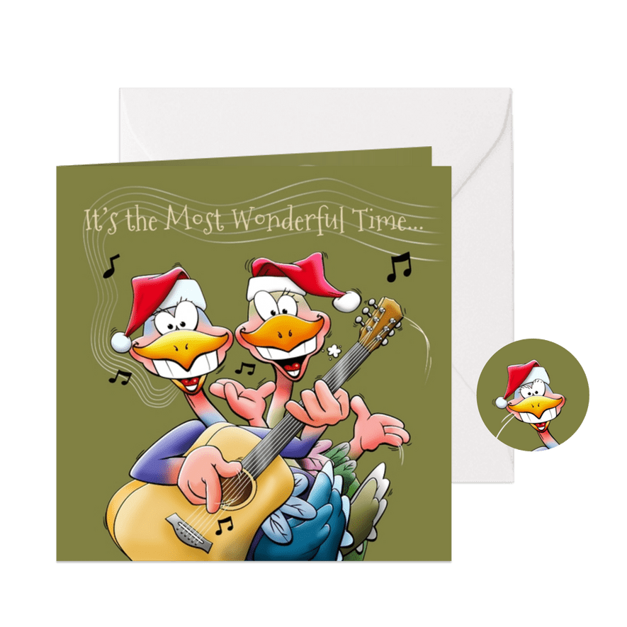 Grappige kerstkaart met twee vogels die gitaar spelen - Kaartimpressie