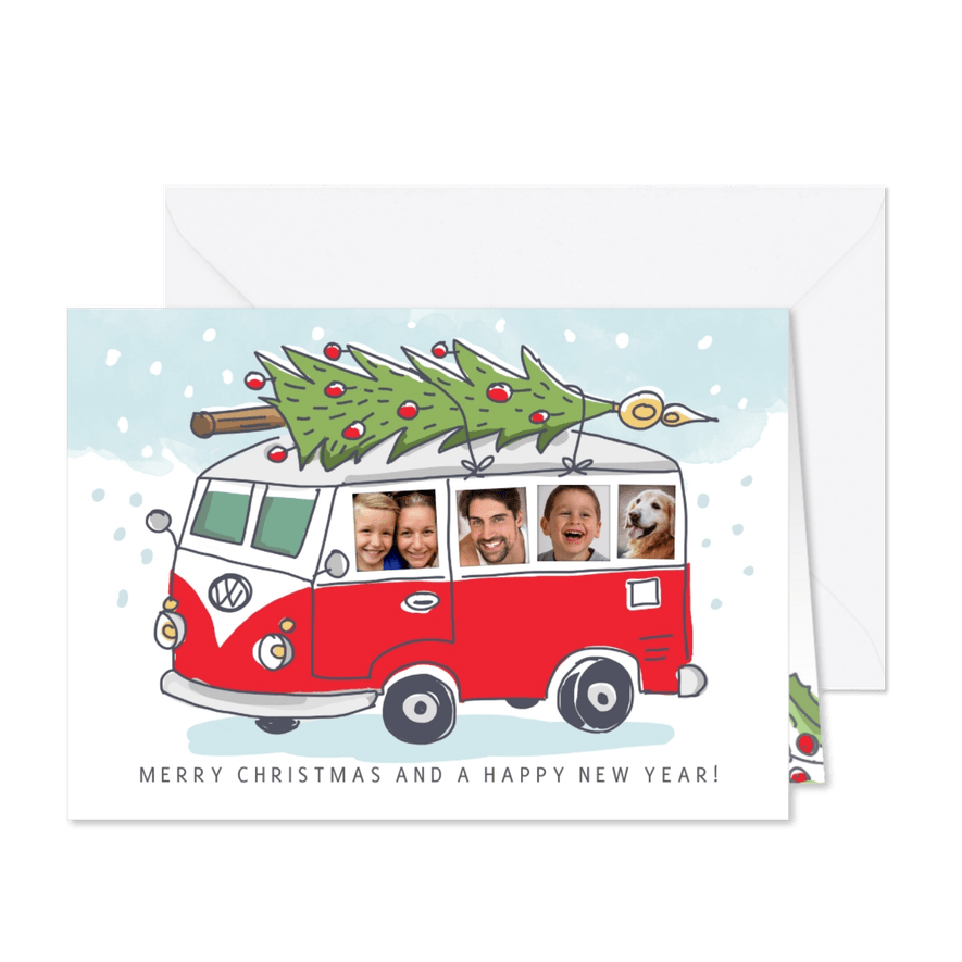 Grappige kerstkaart met volkswagenbusje en foto's - Kaartimpressie