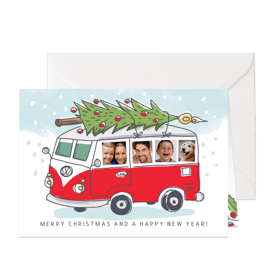 Grappige kerstkaart met volkswagenbusje en foto's - Kaartimpressie