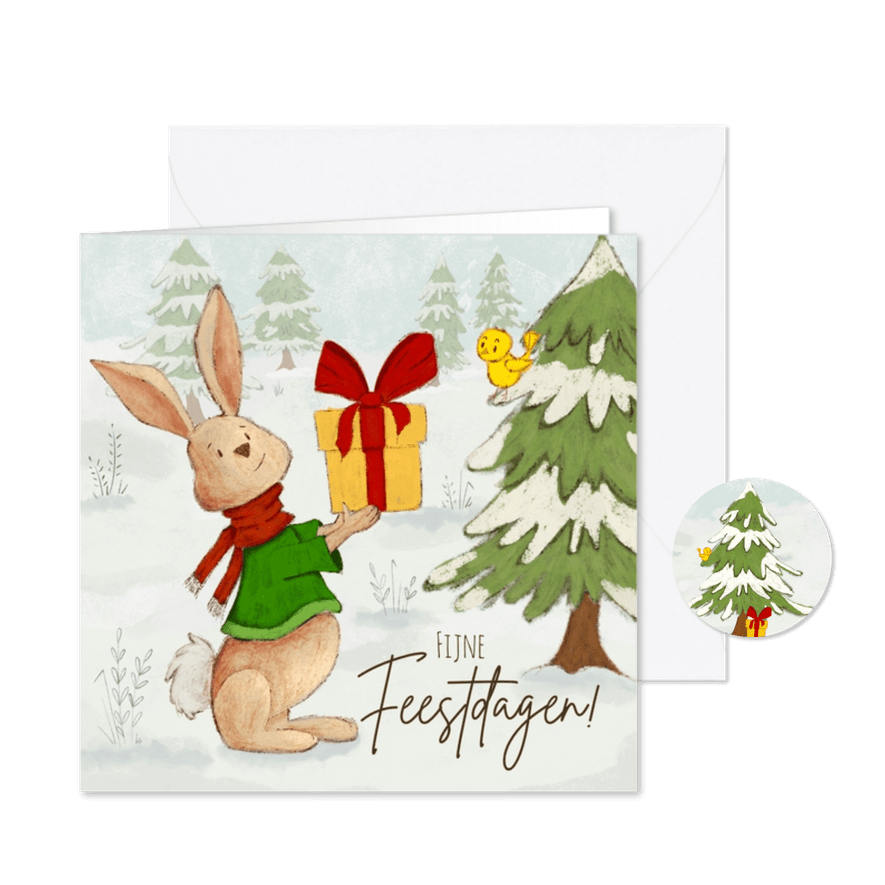 Grappige kerstkaart met vrolijk konijn en vogel - Kaartimpressie