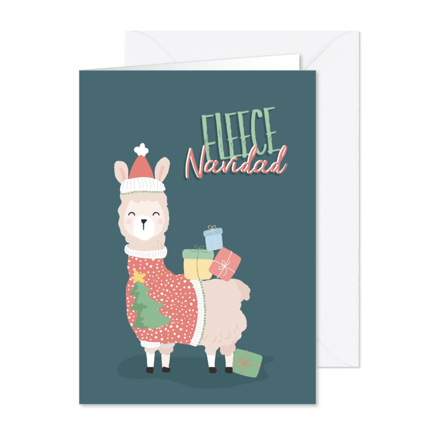Grappige kerstkaart met woordgrap 'fleece navidad' - Kaartimpressie