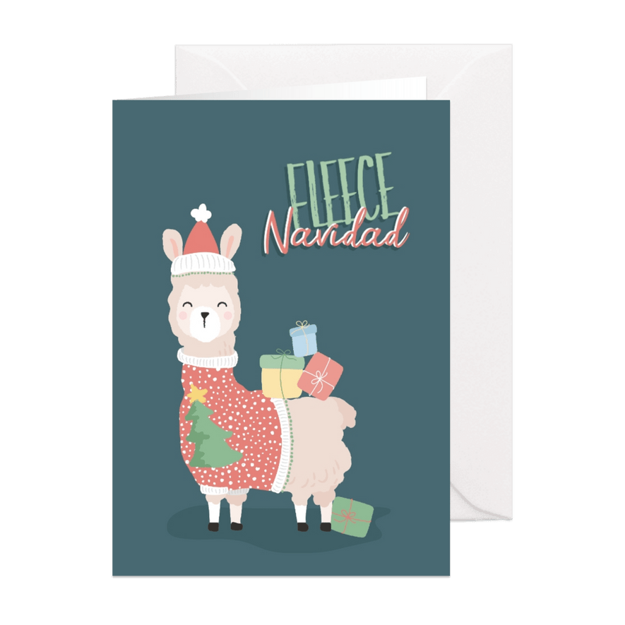 Grappige kerstkaart met woordgrap 'fleece navidad' - Kaartimpressie