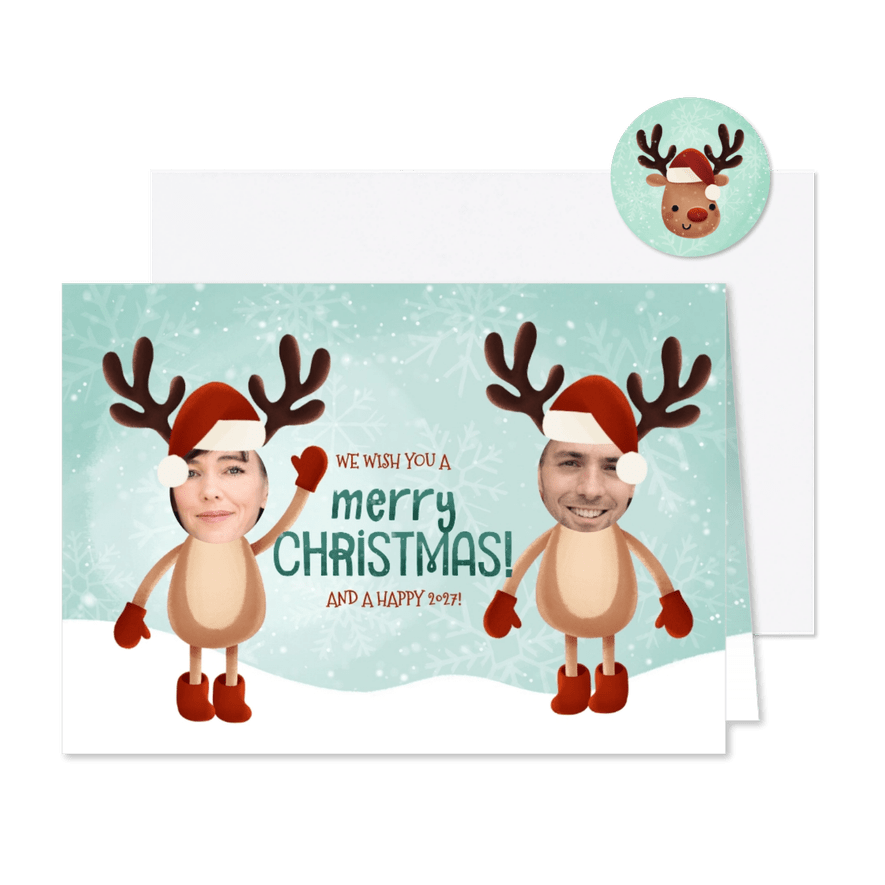 Grappige kerstkaart met z'n twee verkleed als rendier - Kaartimpressie