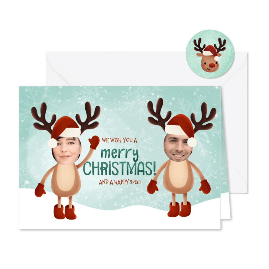 Grappige kerstkaart met z'n twee verkleed als rendier - Kaartimpressie
