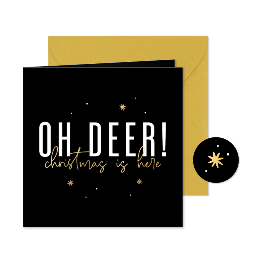 Grappige kerstkaart 'Oh deer!' met gouden sterren - Kaartimpressie