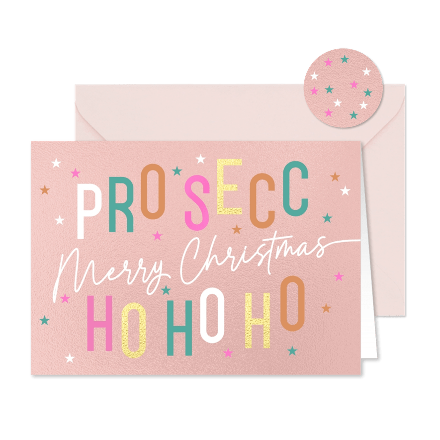 Grappige kerstkaart Prosecco kleurrijke tekst - Kaartimpressie