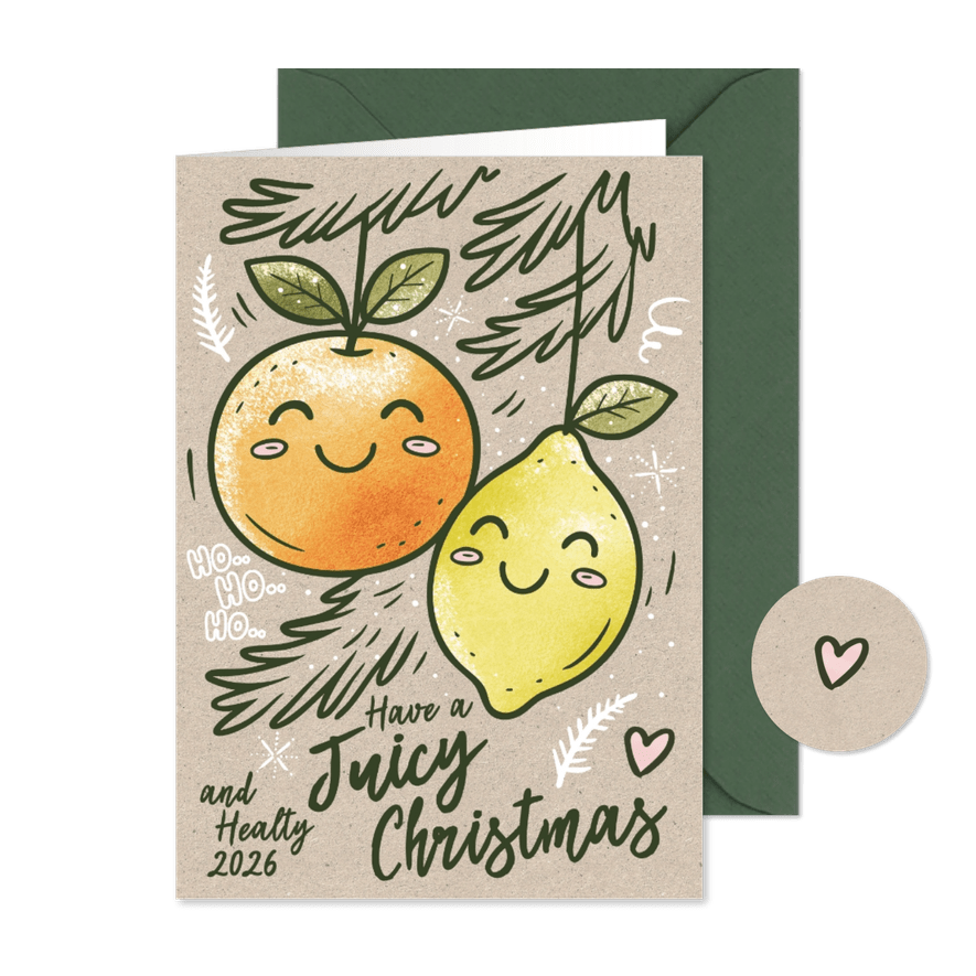 Grappige kerstkaart retro illustratie citroen sinaasappel - Kaartimpressie
